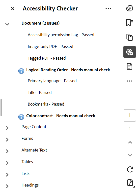 Screenshot of the Adobe Acrobat Pro accessibility checker results. The only issues found are Logical Reading Order and Color contrast which both need a manual check.