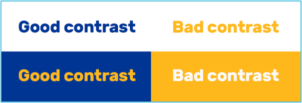 Example showing Pitt Royal Blue has good color contrast with white and with Pitt Gold. Another example shows Pitt Gold has bad contrast when used against white.